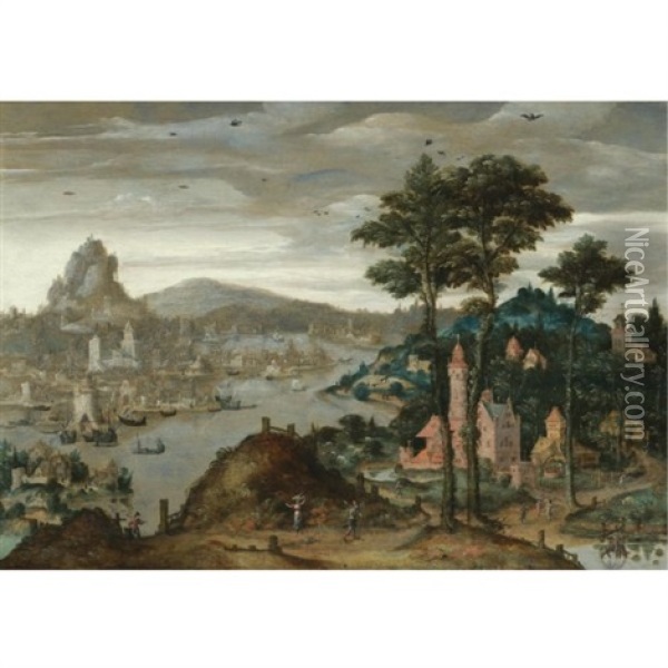 A Fantasy Mountainous River Landscape With Ships Moored Before A Distant City Oil Painting - Lucas Gassel