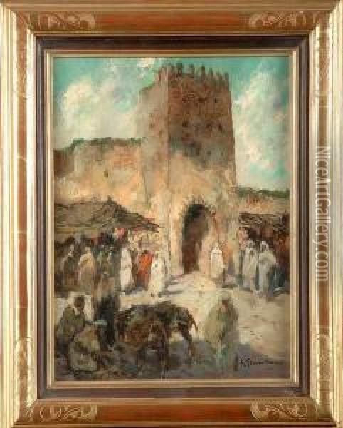 Marche A La Porte De La Ville En Afrique Du Nord Oil Painting - Gustave Flasschoen