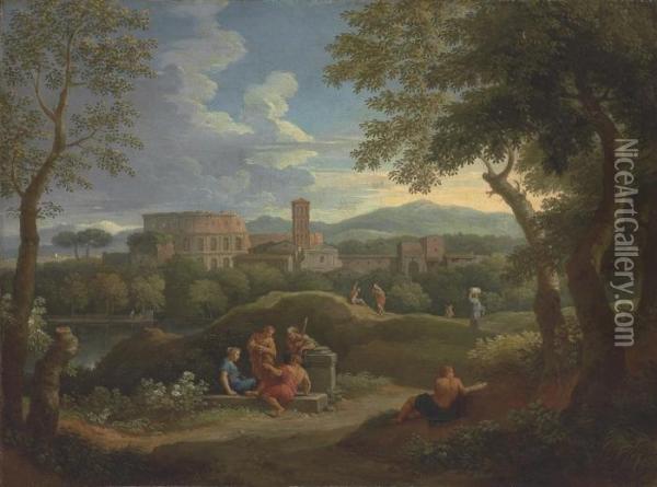 A Capriccio In The Roman Campagna With Classical Figures Oil Painting - Jan Frans Van Bloemen (Orizzonte)