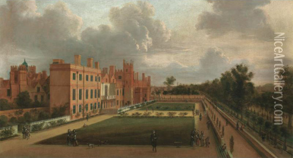 A View Of St James's And The Gardens Overlooking St James's Park From The South West Oil Painting - Hendrick Danckerts