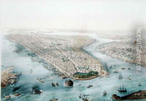 Aerial View of New York and Brooklyn, engraved by T.H. Muller, published by L. Turgis, Paris, c.1850 Oil Painting - Simpson