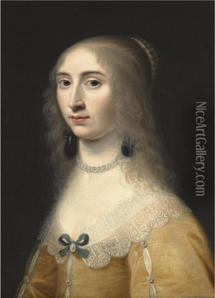 Portrait Of A Lady, Head And Shoulders, Wearing A Yellow Dress Anda Pearl Necklace And Headdress Oil Painting - Jacob Willemsz II Delff