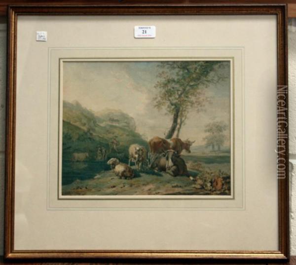 Cows And Sheep Near Figures And A Pool Of Water In A Landscape Oil Painting - Paulus Potter