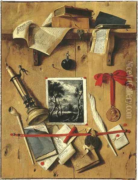 A trompe l'oeil still life of a landscape print, a candle, a medal, a pipe, books and documents affixed to a partition Oil Painting - Jean-Francois de Le Motte