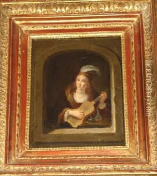 Lady With Guitar In A Niche Oil Painting - David The Younger Teniers
