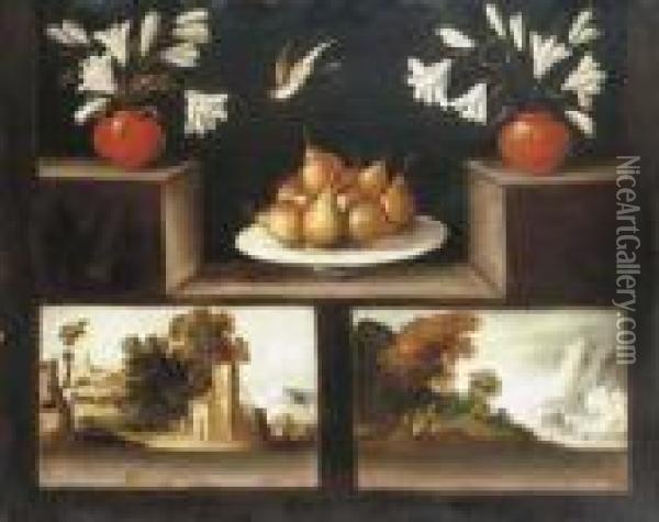 Two Vases Of White Lilies, Pears
 In A Porcelain Dish And Twolandscape Paintings On A Stone Ledge Oil Painting - Francisco Barrera