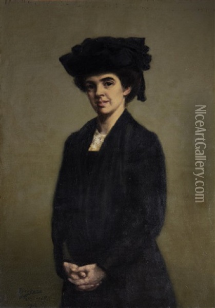 Portrait Of Miss Robertine Heriot, Half-length, In A Black Dress And Hat Oil Painting - Theodore Casimir Roussel