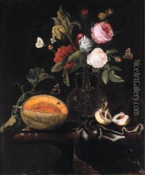 Roses, An Iris And Other Flowers
 In A Glass Vase, A Melon And Apeach With Butterflies On A Draped Marble
 Table Oil Painting - Marten Nellius