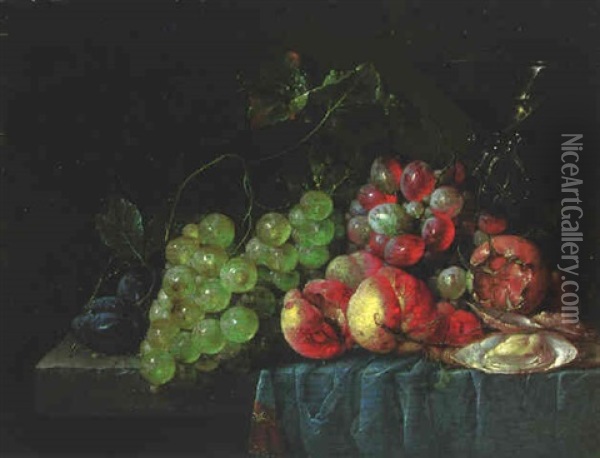 Fruit, Oysters And A Wineglass On A Partly Draped Stone Ledge Oil Painting - Cornelis De Heem