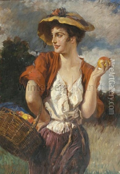 Junge Frau Mit Apfelkorb Oil Painting - Leopold Schmutzler