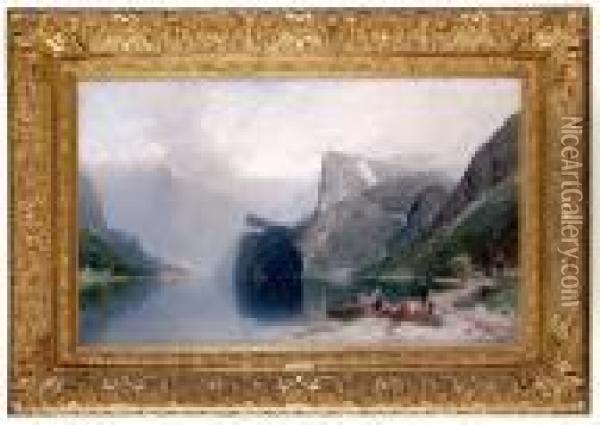 Fjordlandskap Med Figurer Oil Painting - Georg Anton Rasmussen