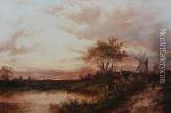 Figures Near A Riverside Windmill At Sunset Oil Painting - Joseph Thors