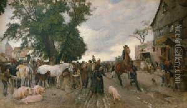 Pferdemarkt Vor Den Toren Einer Kleinstadt. Oil Painting - Franz Gustav Hochmann