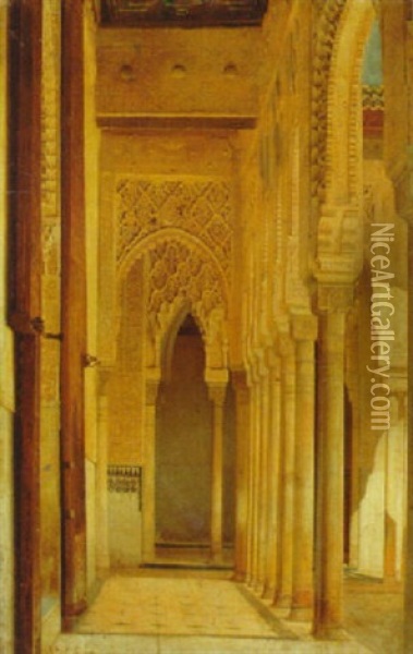 A Colonnade In The Alhambra Oil Painting - Adolf Seel