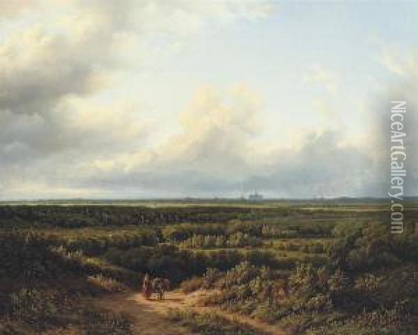 Figures In An Extensive Summer Landscape With Haarlem In Thedistance Oil Painting - Georg Andries Roth
