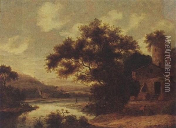 A Wooded River Landscape With Figures Near A Village Oil Painting - Pieter Cosyn