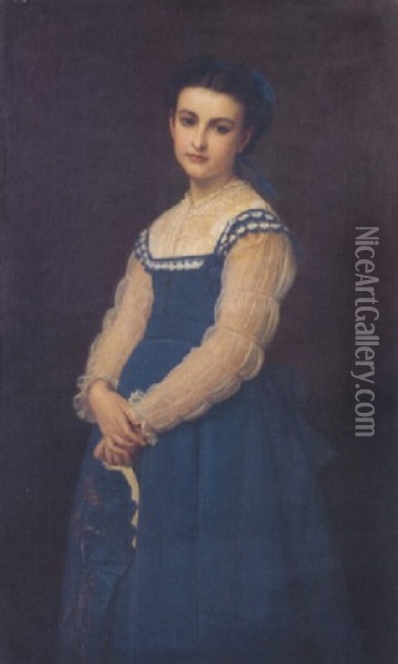 Portrait De Jeune Fille En Robe Bleue Oil Painting - Hugues Merle