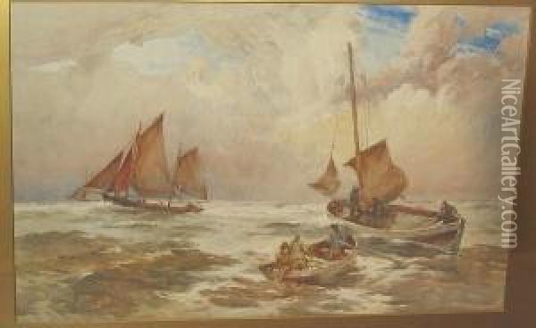 Fishing Boats At Sea Oil Painting - Frank Saltfleet