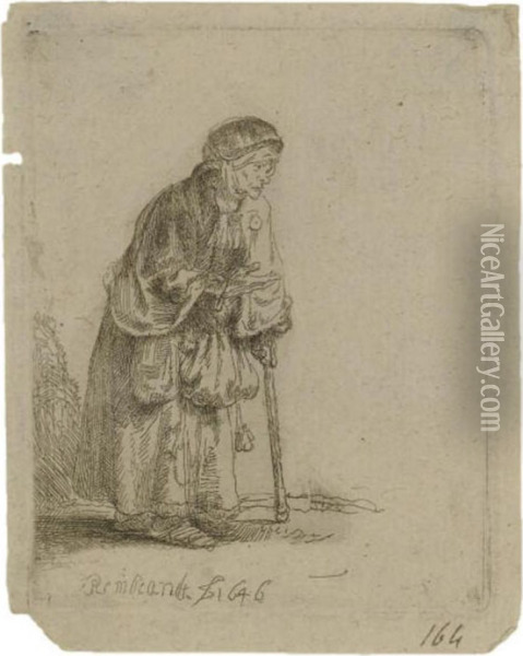 Beggar Woman Leaning On A Stick (b., Holl. 170; H. 219) Oil Painting - Rembrandt Van Rijn