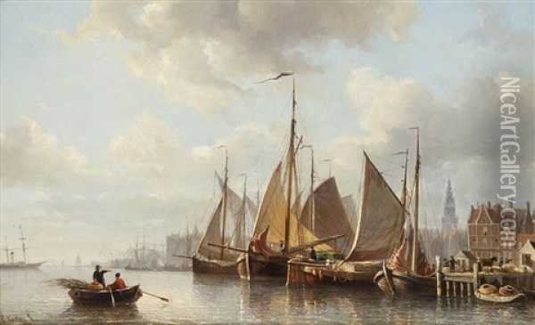 Moored Fishing Boats At The Antwerp Quays Oil Painting - Everhardus Koster