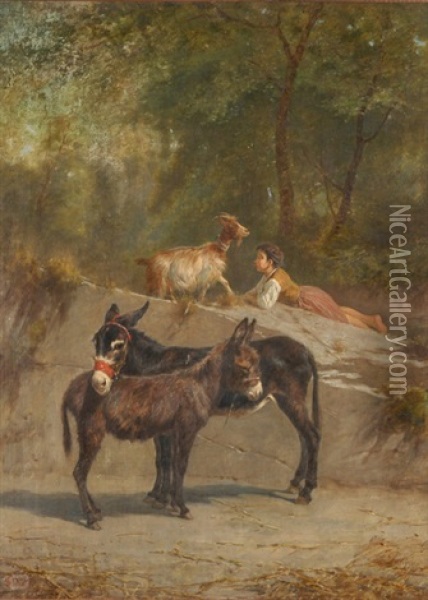 Hirtenjunge Mit Ziege Und Zwei Eseln Oil Painting - Teofilo Patini