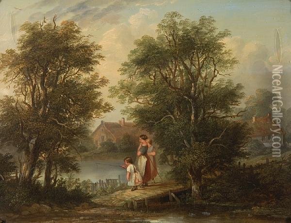 Young Girls Fishing In A Woodedlandscape Oil Painting - Edward Charles Williams