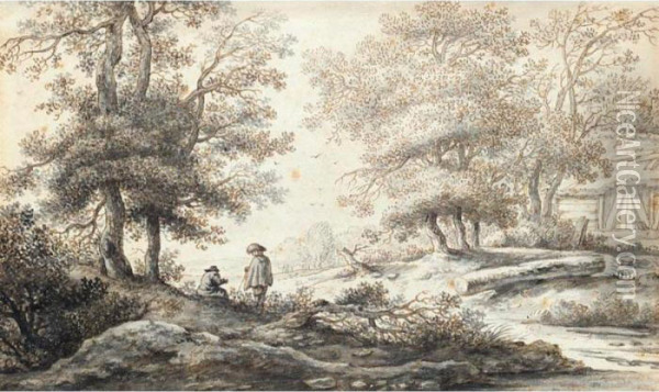 Wooded Landscape With Two Figures Resting By A Stream Oil Painting - Aernout Ter Himpel