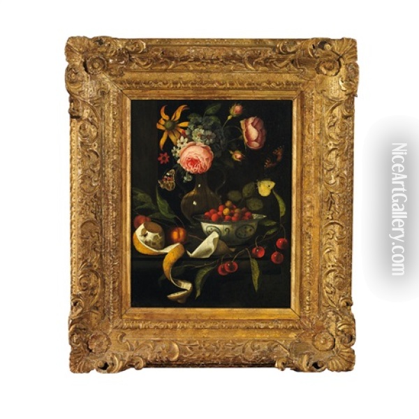 Prachtvolles Fruchte- Und Blumenstilleben Mit Schmetterlingen Und Fliege Vor Dunklem Hintergrund Oil Painting - Martinus Nellius