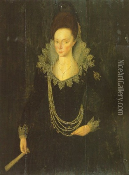 Portrait Of Elizabeth, Sister Of Sir Nicholas Halswell, Wearing A Black Dress, Lace Cuffs And Collar And A Pearl Necklace Oil Painting - Robert Peake the Elder