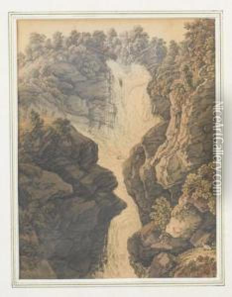 Chute Superieur Du Reichenbach Dans La Vallee D'oberhasli. Oil Painting - Gabriel I Lory
