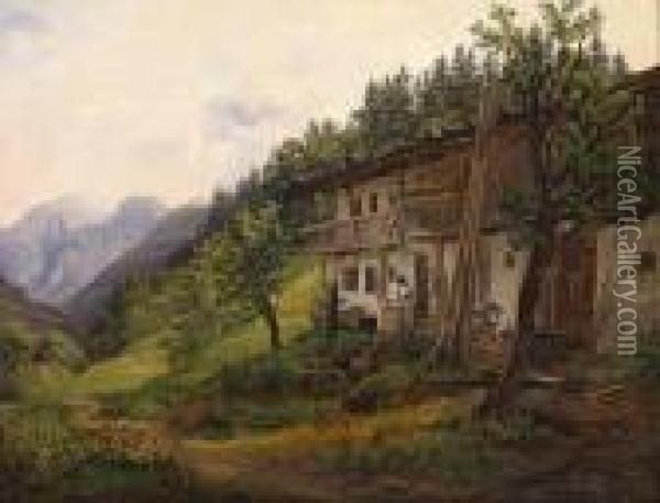 Farming In The Alps Oil Painting - Anton Schiffer