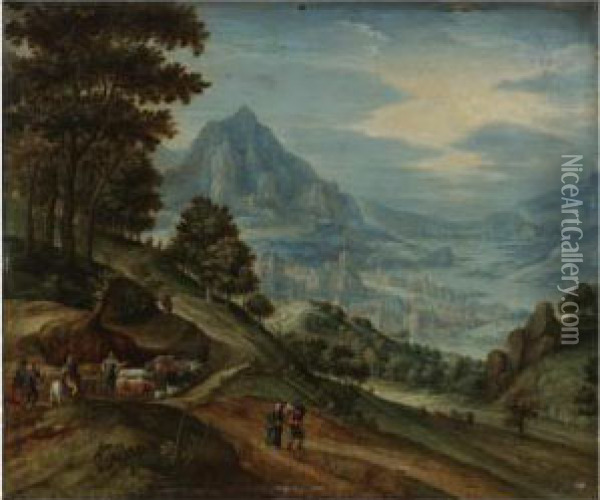 An Extensive Landscape With A 
Wood, Distant Mountains, A Town On A River Valley, Travellers, Herdsmen,
 And Ploughmen Oil Painting - Marten Ryckaert
