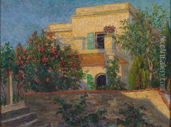 Blick Uber Bluhenden Oleander Auf Malerisch Beleuchtetes Haus Oil Painting - Mario Puccini