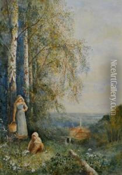 A 
Landscape With Children Picking Flowers Oil Painting - Fred Hines