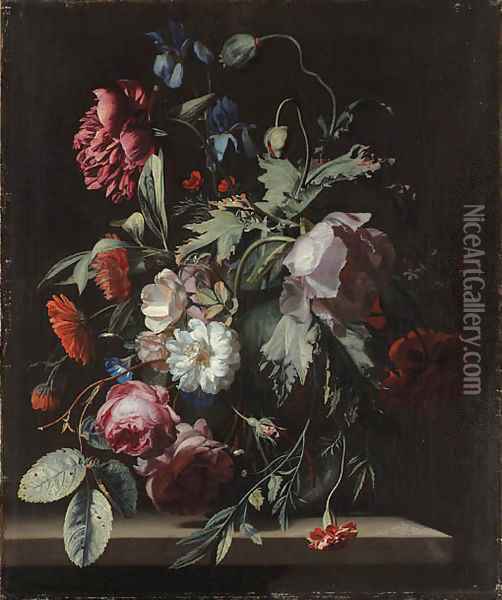 Roses, irises, poppies, a paeony, morning glory, carnations and other flowers in a vase, on a stone table Oil Painting - Simon Pietersz. Verelst