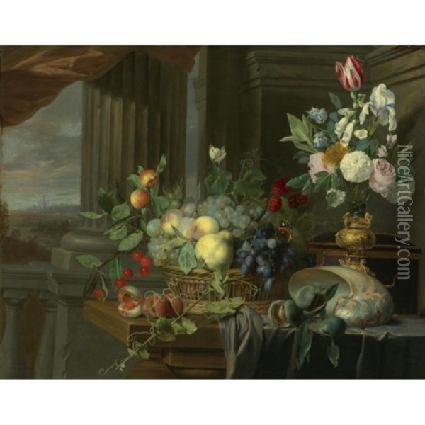 Still Life Of A Basket Of Fruit, Flowers In A Gilt Vase, A Nautilus Shell And Other Objects On A Draped Table Near An Open Window, A Landscape Beyond Oil Painting - Christiaan Luycks