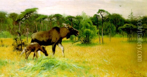 Moose With Her Calf In A Landscape Oil Painting - Wilhelm Friedrich Kuhnert
