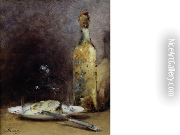 Still Life With Cheese And Bottle Oil Painting - Guillaume Romain Fouace
