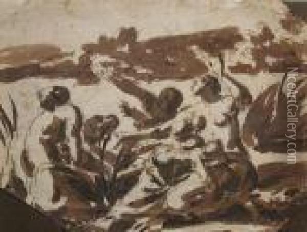 The Crossing Of The Red Sea 
Black Chalk And Brown Wash14 X 19cm French School Harvesters Resitng 
Pen Andbrown Ink 10 X 9cm Two Oil Painting - Pier Francesco Mola