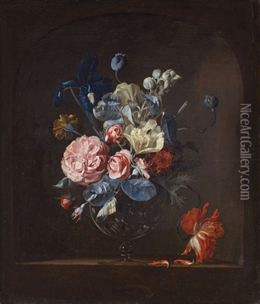 A Vase With Roses, Iris, Marigold, And Tulip In A Niche Oil Painting - Willem Van Aelst
