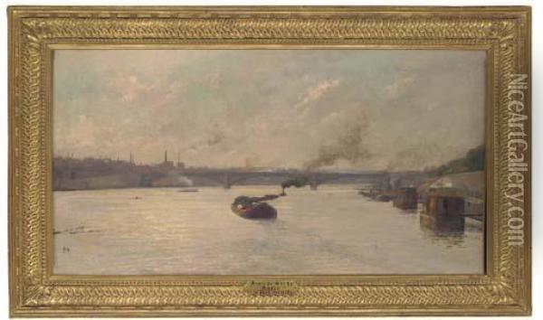 A Barge Before Le Pont Corneille, Rouen Oil Painting - Henri Emile De Sachy