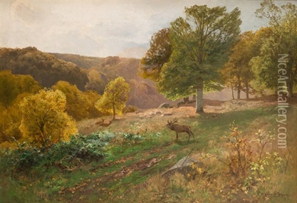 Paisaje Con Ciervos Oil Painting - Heinrich Boehmer