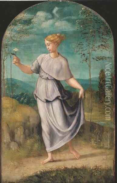 A young woman holding a flower with an extensive landscape beyond Oil Painting - Girolamo da Carpi