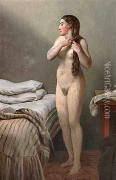 En Qvindelig Figur, Som Staar Ved En Seng, Reder Sit Haar Oil Painting - Christoffer Wilhelm Eckersberg
