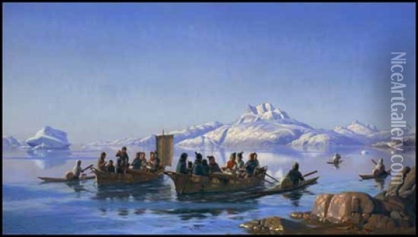 Inuit Joyfully Returning Home, Late Spring Oil Painting - Carl (Jens Erik C.) Rasmussen