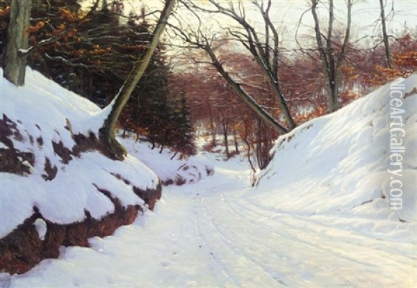 Snedaekket Vej (snowy Path In The Early Evening) Oil Painting - Sigvard Marius Hansen