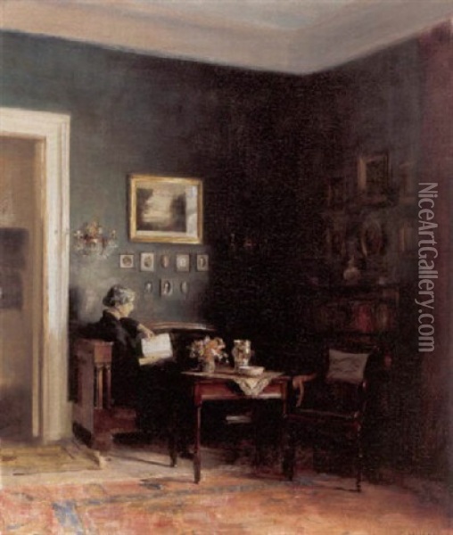 Interior Med Laesende Dame I Et Hjorne Af Stuen Oil Painting - Carl Vilhelm Holsoe
