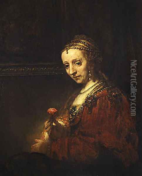 Woman with a Pink early 1660s Oil Painting - Harmenszoon van Rijn Rembrandt