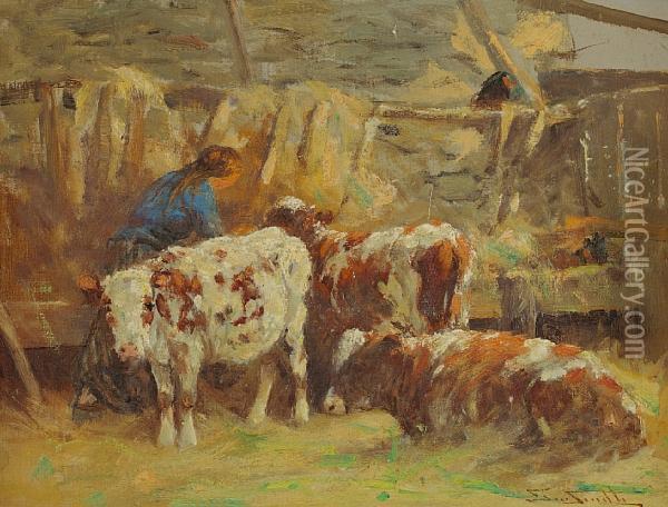 Feeding The Calves Oil Painting - George Smith