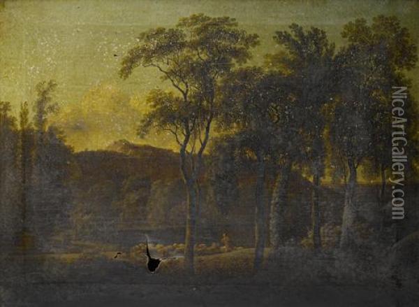 A Shepherd Grazing His Herd In An Italianate Landscape Oil Painting - Pierre-Henri de Valenciennes